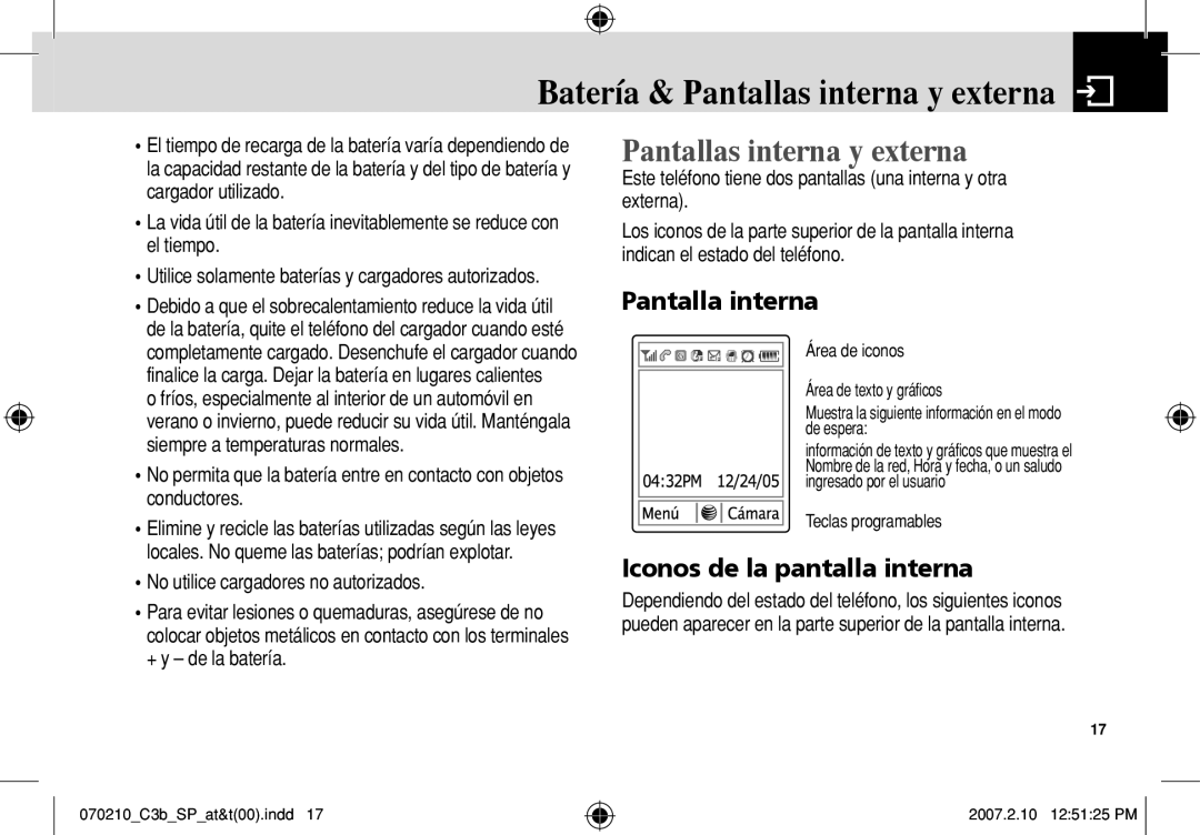 AT&T C3B manual Batería & Pantallas interna y externa, Pantalla interna, Iconos de la pantalla interna 