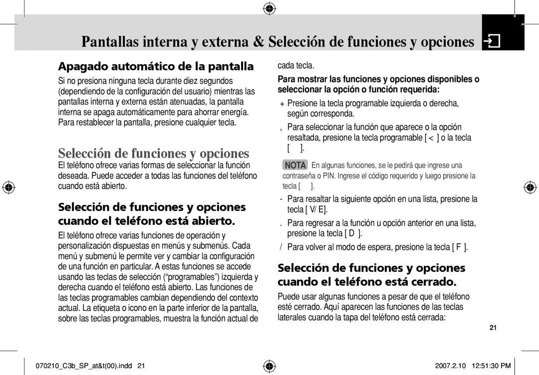 AT&T C3B manual Selección de funciones y opciones, Apagado automático de la pantalla, Cada tecla 