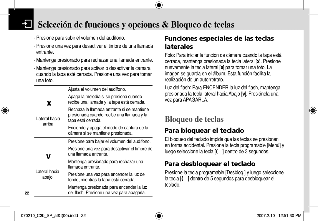 AT&T C3B manual Selección de funciones y opciones & Bloqueo de teclas, Funciones especiales de las teclas laterales 