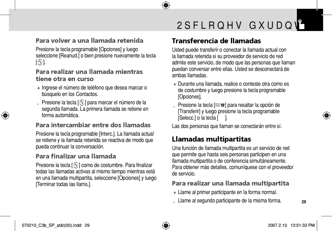 AT&T C3B manual Opciones durante una llamada, Transferencia de llamadas, Llamadas multipartitas 