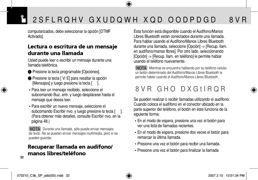 AT&T C3B manual Opciones durante una llamada & Uso del audífono, Lectura o escritura de un mensaje durante una llamada 