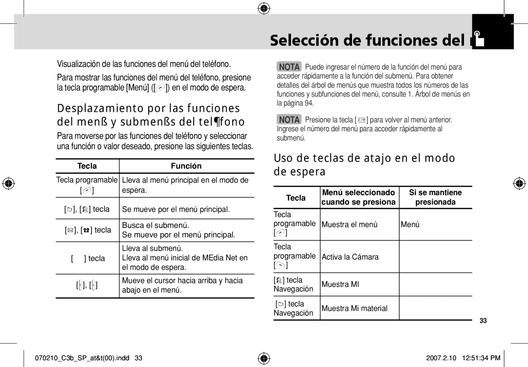 AT&T C3B manual Selección de funciones del menú, Uso de teclas de atajo en el modo de espera, Tecla 