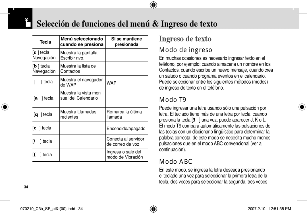 AT&T C3B manual Selección de funciones del menú & Ingreso de texto, Modo de ingreso, Modo T9, Modo ABC 