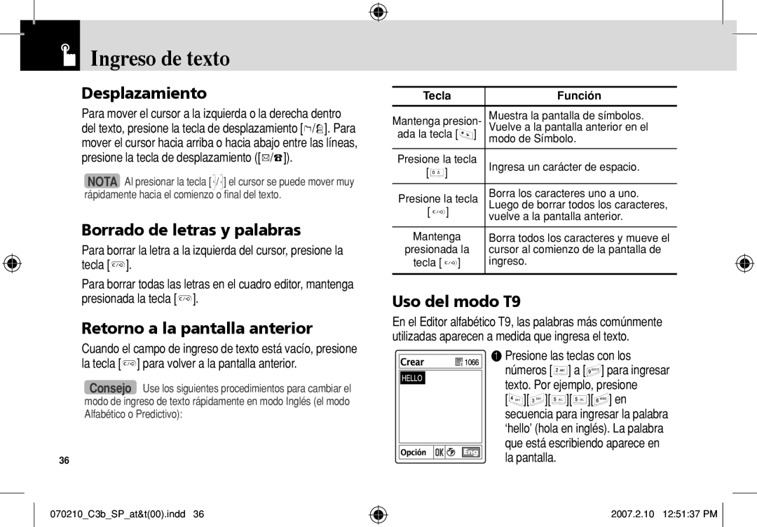 AT&T C3B manual Desplazamiento, Borrado de letras y palabras, Retorno a la pantalla anterior, Uso del modo T9 