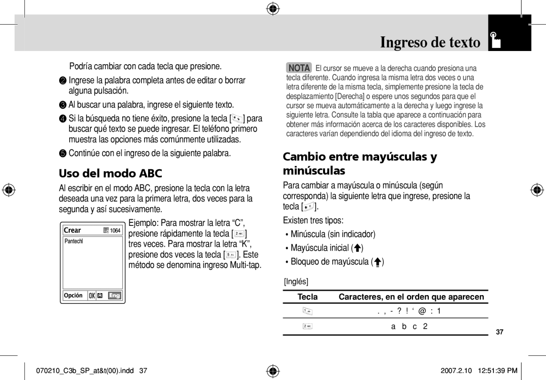 AT&T C3B manual Uso del modo ABC, Cambio entre mayúsculas y minúsculas, ❺ Continúe con el ingreso de la siguiente palabra 