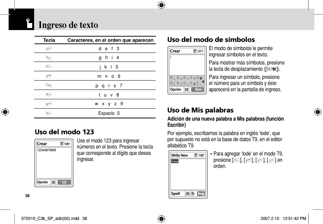 AT&T C3B manual Uso del modo de símbolos, Uso de Mis palabras 