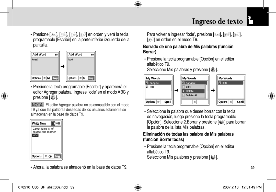 AT&T C3B manual Borrado de una palabra de Mis palabras función Borrar 