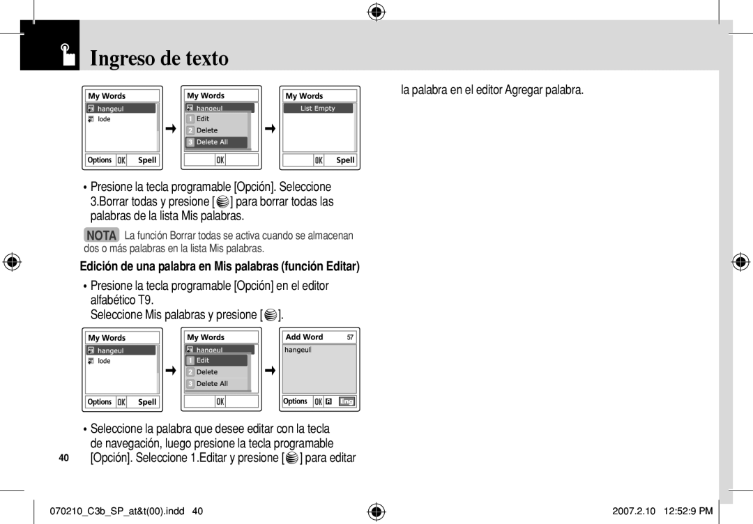 AT&T C3B Ingreso de texto, La palabra en el editor Agregar palabra, Edición de una palabra en Mis palabras función Editar 