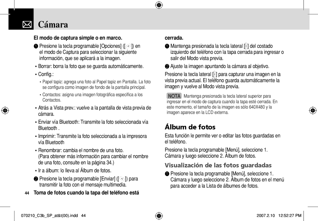 AT&T C3B manual Álbum de fotos, Visualización de las fotos guardadas, El modo de captura simple o en marco, Cerrada 