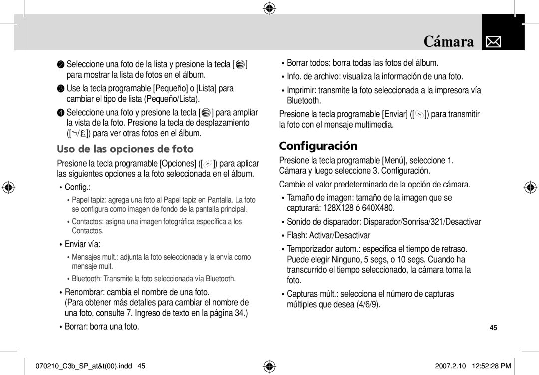 AT&T C3B manual Configuración, Uso de las opciones de foto, Enviar vía, Borrar borra una foto 