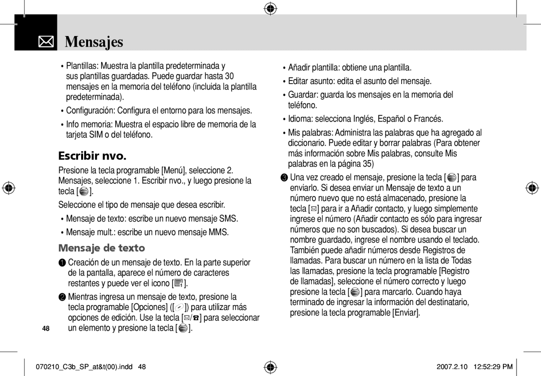 AT&T C3B manual Escribir nvo, Mensaje de texto, Un elemento y presione la tecla o 