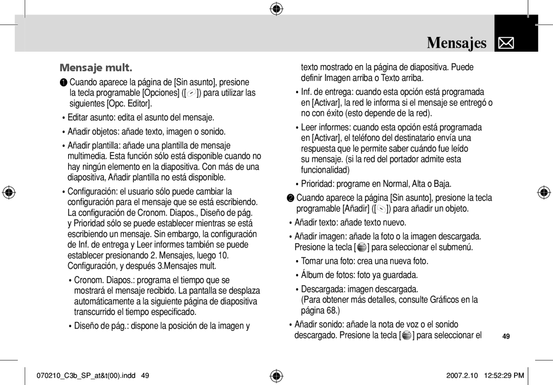 AT&T C3B manual Mensaje mult, Definir Imagen arriba o Texto arriba, No con éxito esto depende de la red 