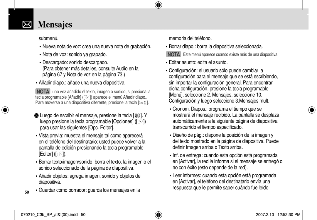 AT&T C3B manual Añadir diapo. añade una nueva diapositiva, Editar asunto edita el asunto 