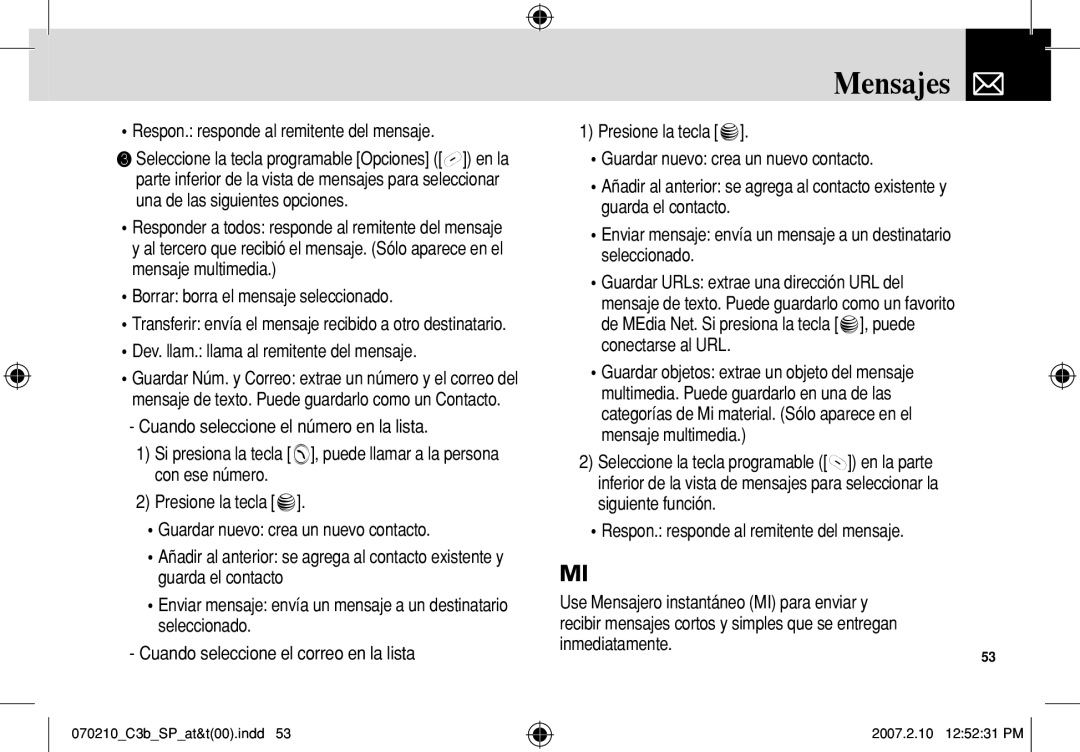 AT&T C3B manual Respon. responde al remitente del mensaje, Dev. llam. llama al remitente del mensaje 