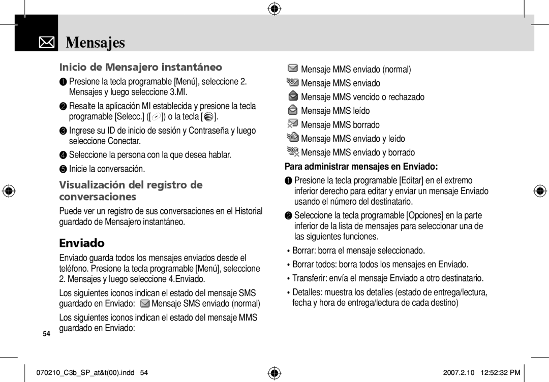 AT&T C3B manual Inicio de Mensajero instantáneo, Visualización del registro de conversaciones, Guardado en Enviado 