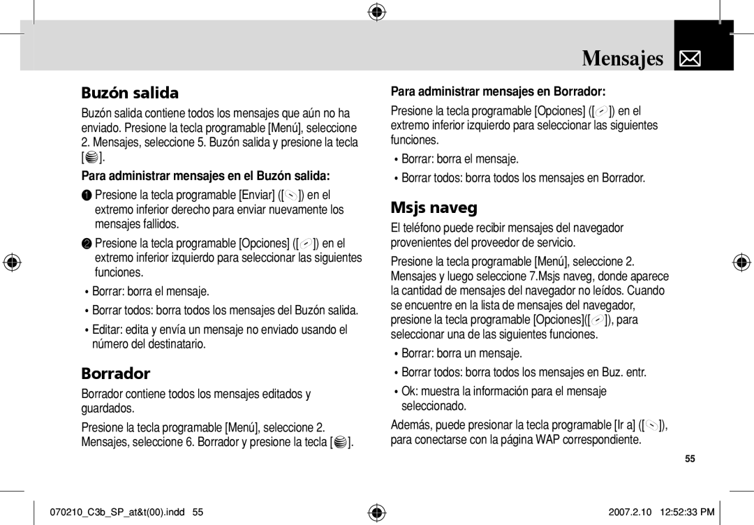 AT&T C3B manual Msjs naveg, Para administrar mensajes en el Buzón salida, Para administrar mensajes en Borrador 