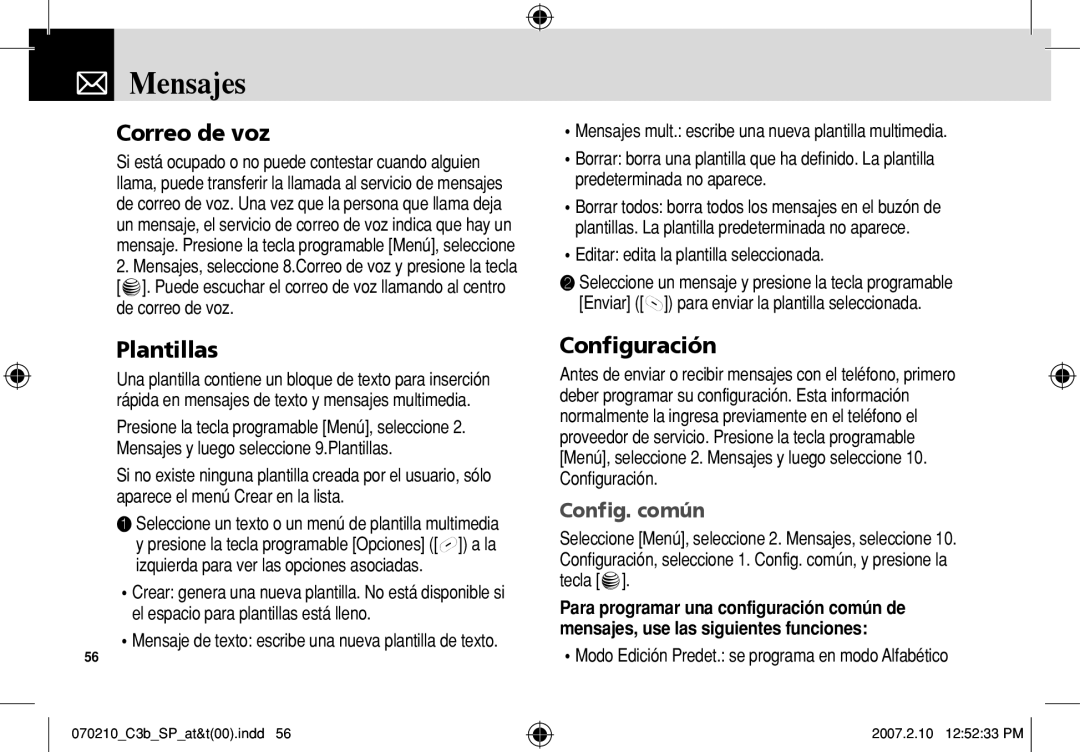 AT&T C3B manual Correo de voz, Plantillas, Config. común, Editar edita la plantilla seleccionada 