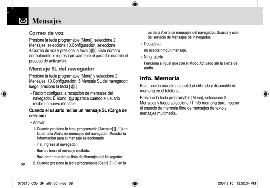 AT&T C3B Info. Memoria, Correo de voz, Mensaje SL del navegador, Cuando el usuario recibe un mensaje SL Carga de servicio 