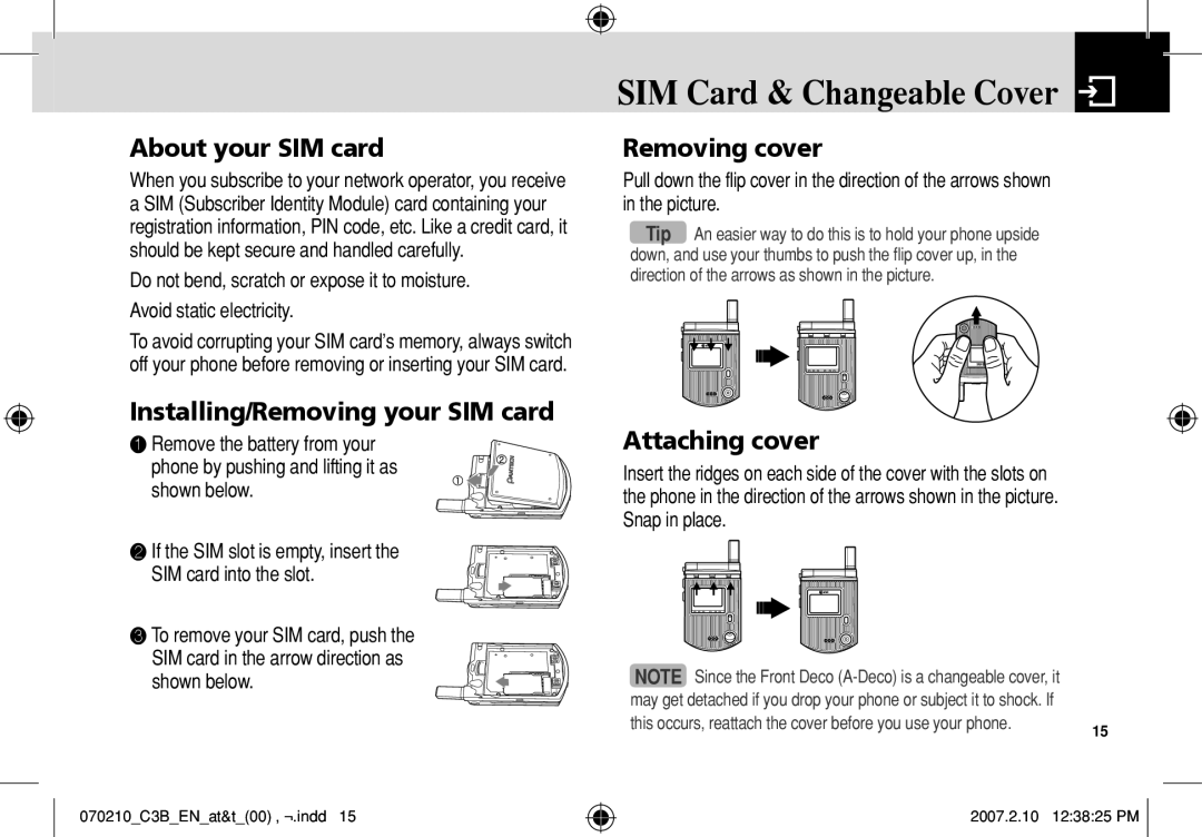 AT&T C3B manual SIM Card & Changeable Cover, About your SIM card, Installing/Removing your SIM card, Removing cover 