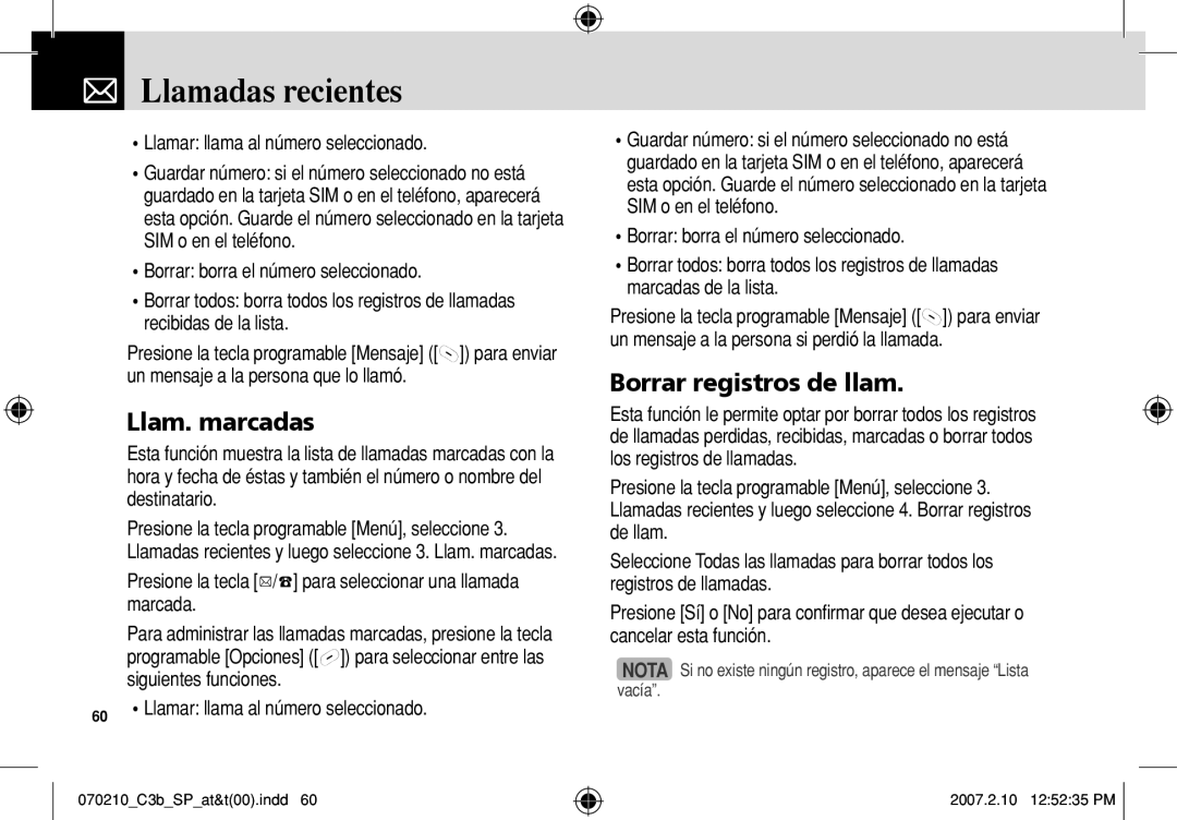 AT&T C3B manual Llam. marcadas, Borrar registros de llam, Presione la tecla u/d para seleccionar una llamada marcada 