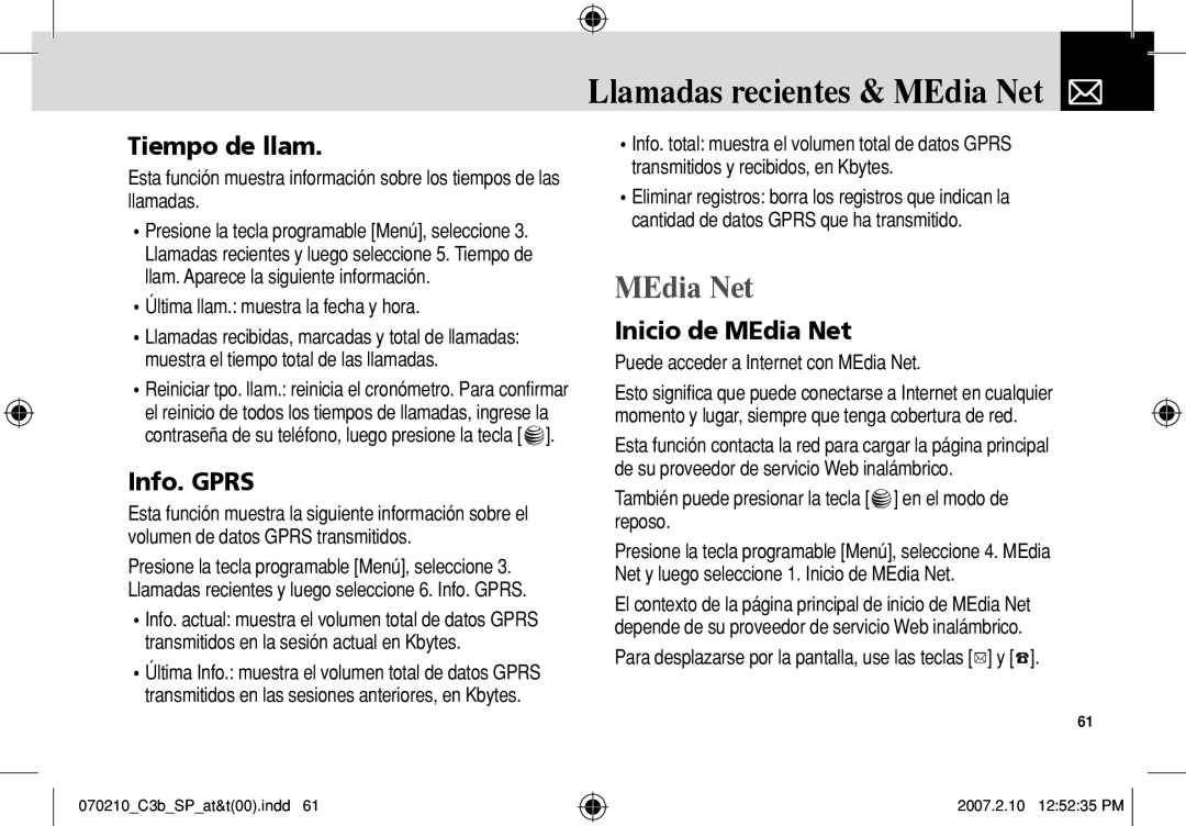 AT&T C3B manual Llamadas recientes & MEdia Net, Tiempo de llam, Info. Gprs, Inicio de MEdia Net 