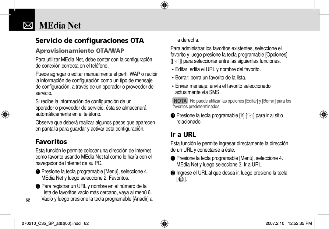 AT&T C3B manual Servicio de configuraciones OTA, Favoritos, Ir a URL, Aprovisionamiento OTA/WAP 