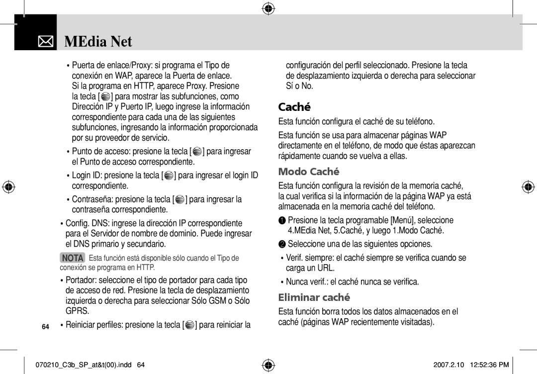 AT&T C3B manual Modo Caché, Eliminar caché, Esta función configura el caché de su teléfono 