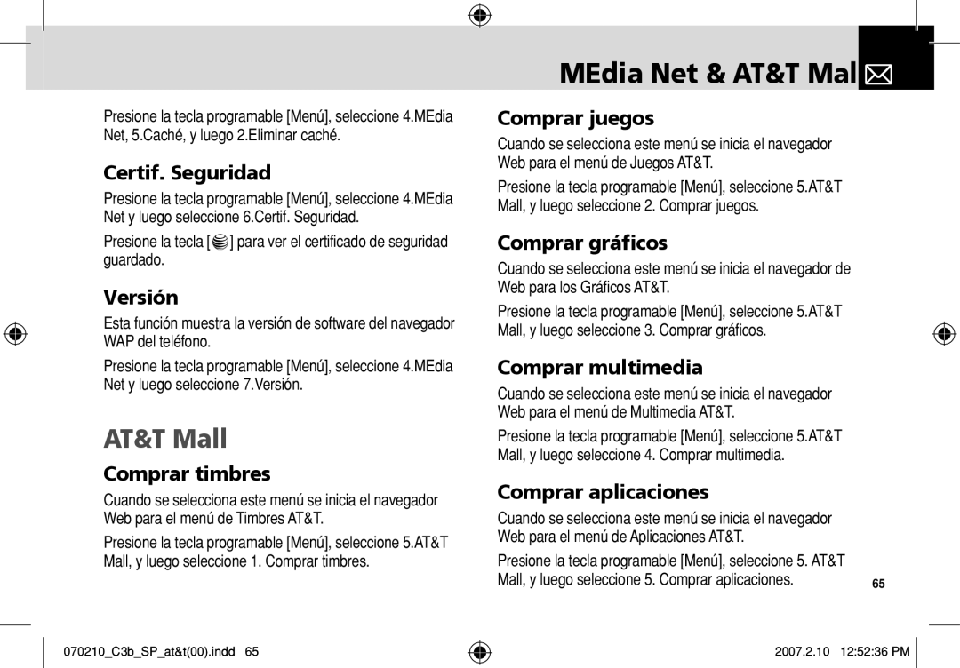 AT&T C3B manual Certif. Seguridad, Versión, Comprar timbres, Comprar juegos, Comprar gráficos, Comprar multimedia 