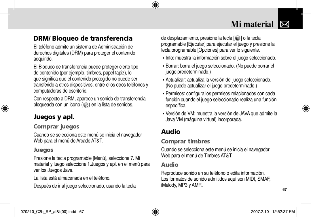 AT&T C3B manual Mi material, DRM/ Bloqueo de transferencia, Juegos y apl 