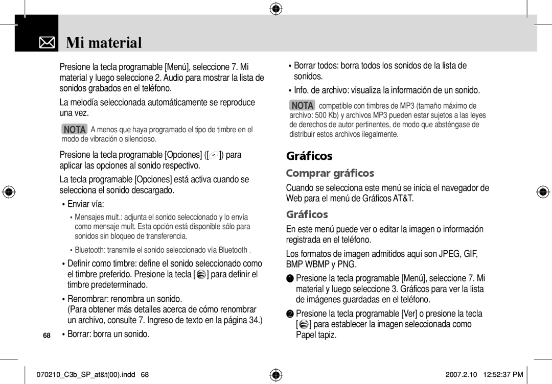 AT&T C3B manual Gráficos, Comprar gráficos, Renombrar renombra un sonido, Borrar borra un sonido 