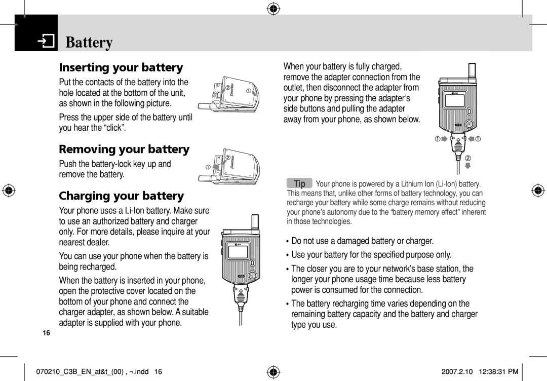 AT&T C3B manual Battery, Inserting your battery, Removing your battery, Charging your battery 