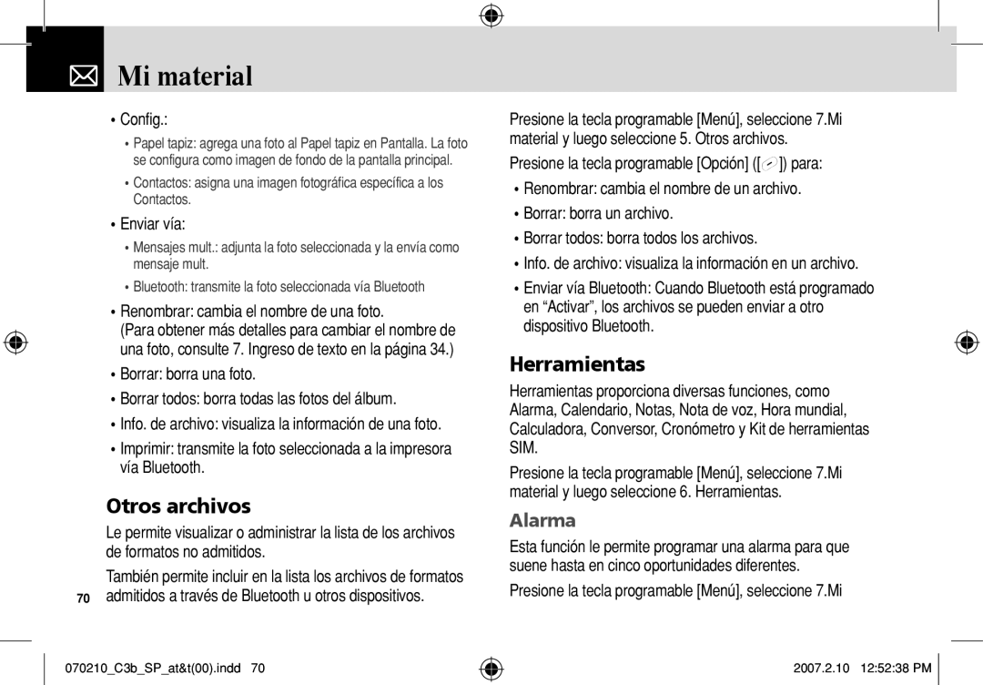 AT&T C3B manual Otros archivos, Herramientas, Alarma, Presione la tecla programable Menú, seleccione 7.Mi 