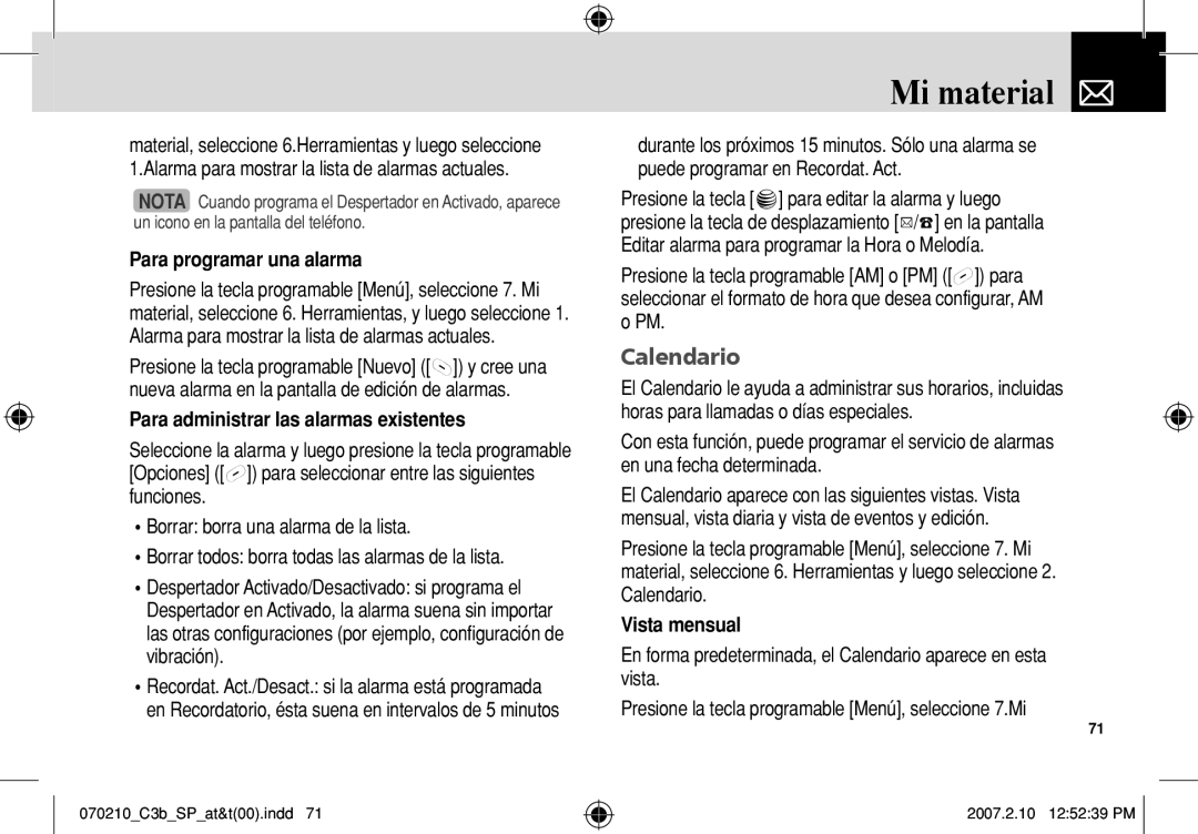 AT&T C3B manual Calendario, Para programar una alarma, Para administrar las alarmas existentes, Vista mensual 