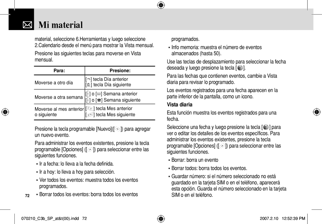 AT&T C3B manual Vista diaria, Esta función muestra los eventos registrados para una fecha, Para Presione 