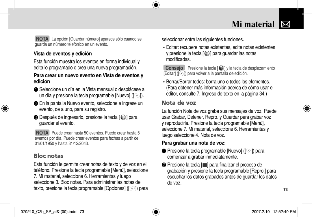 AT&T C3B manual Bloc notas, Nota de voz, Para crear un nuevo evento en Vista de eventos y edición 