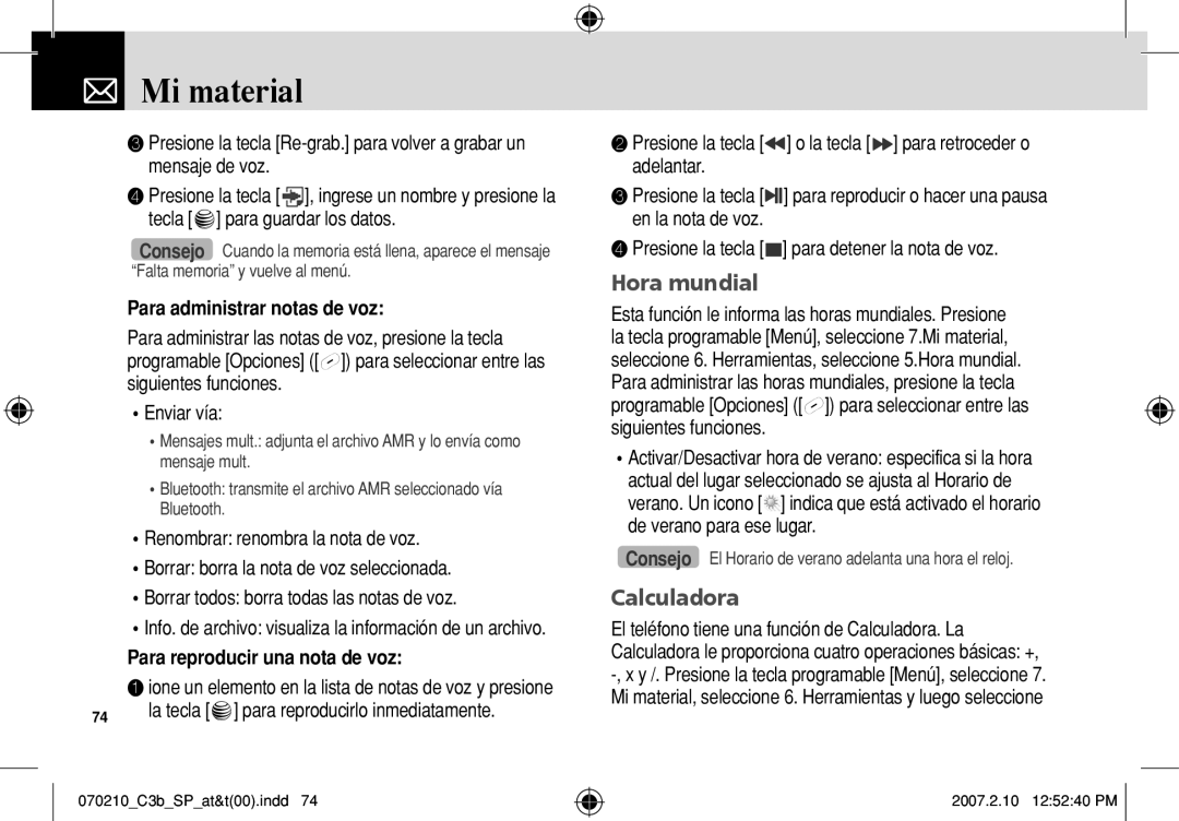 AT&T C3B manual Hora mundial, Calculadora, Para administrar notas de voz, Para reproducir una nota de voz 