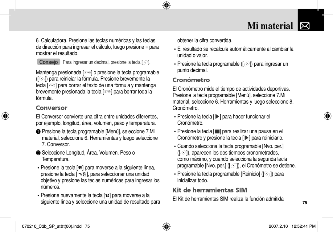 AT&T C3B manual Conversor, Cronómetro, El Kit de herramientas SIM realiza la función admitida 