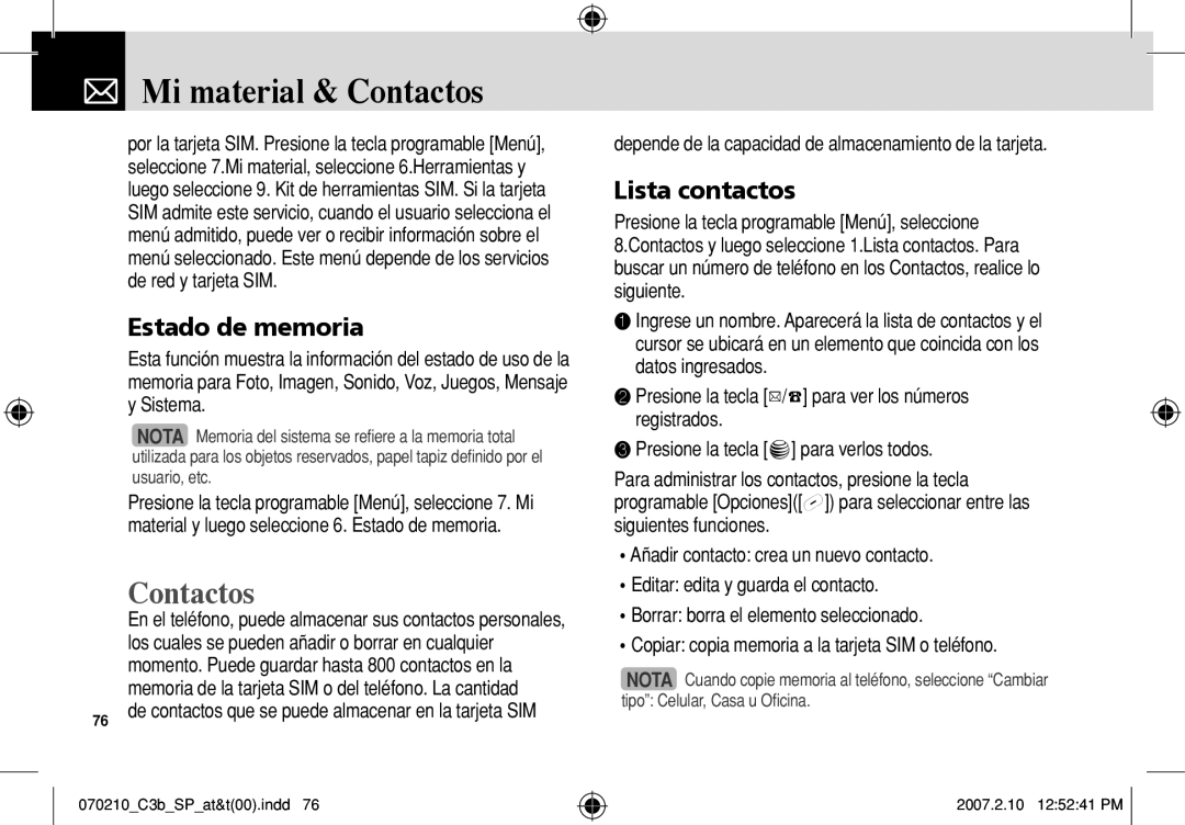 AT&T C3B manual Mi material & Contactos, Estado de memoria, Lista contactos 