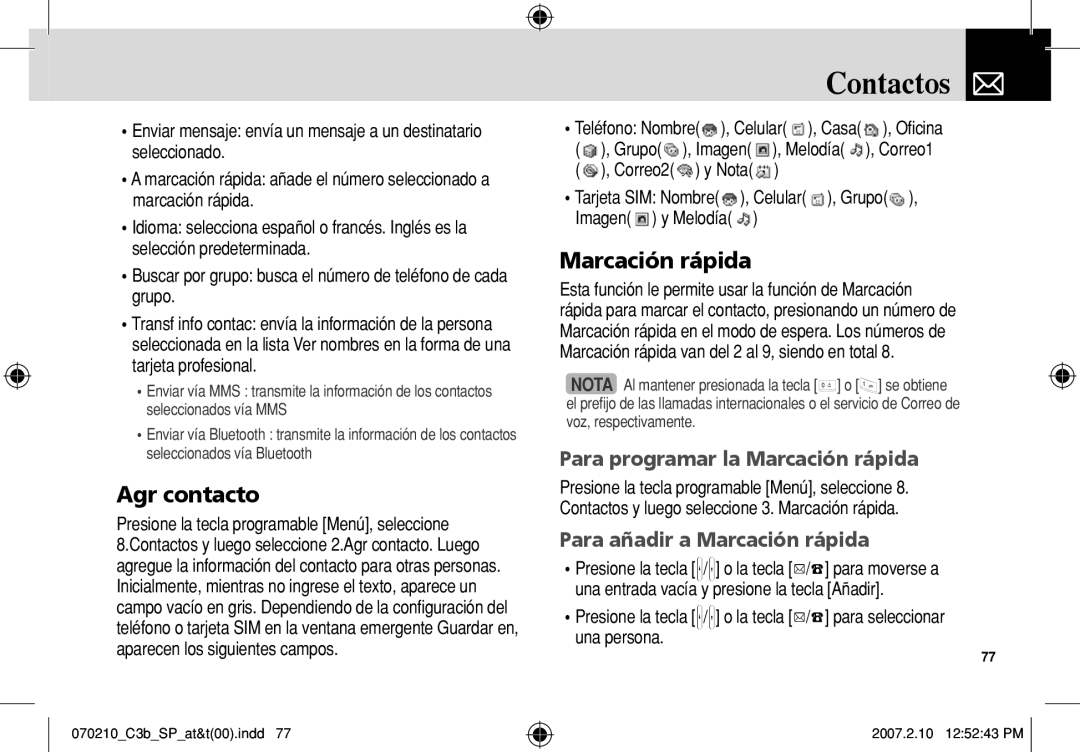 AT&T C3B manual Contactos, Agr contacto, Para programar la Marcación rápida, Para añadir a Marcación rápida 