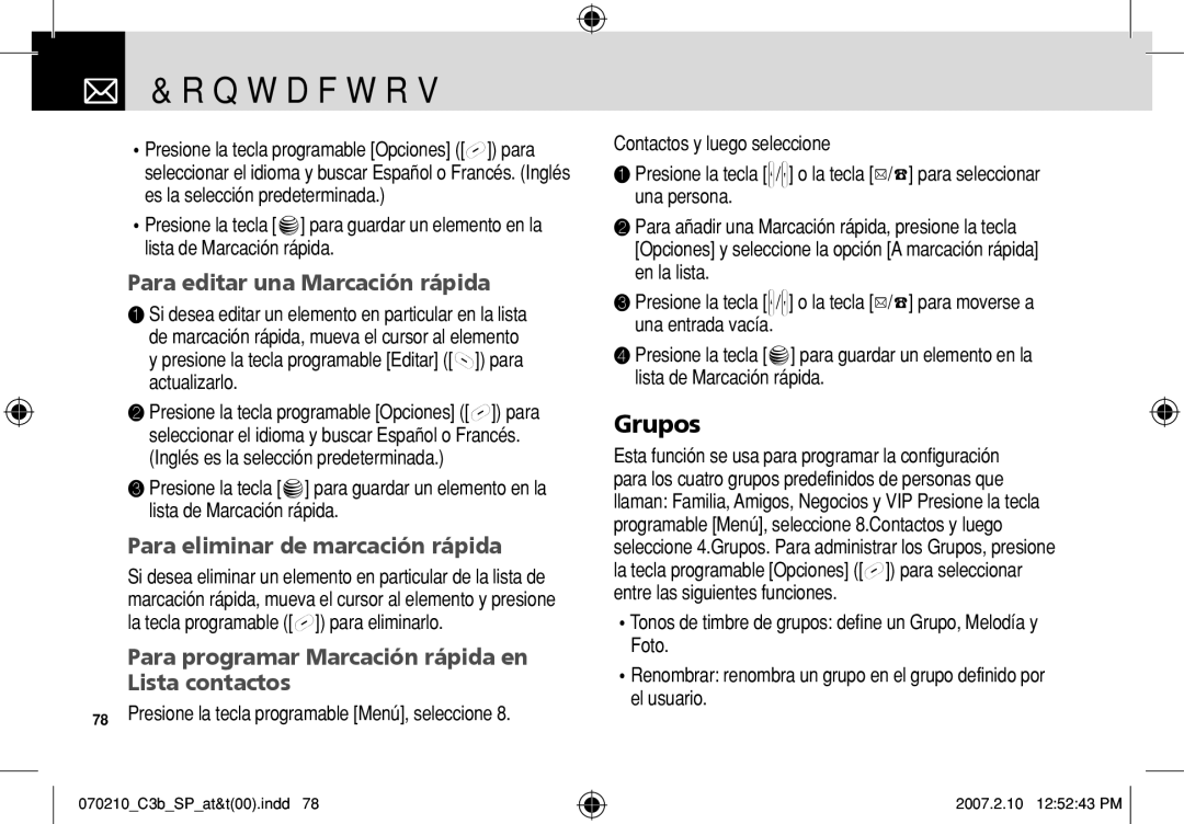 AT&T C3B manual Grupos, Para editar una Marcación rápida, Para eliminar de marcación rápida 