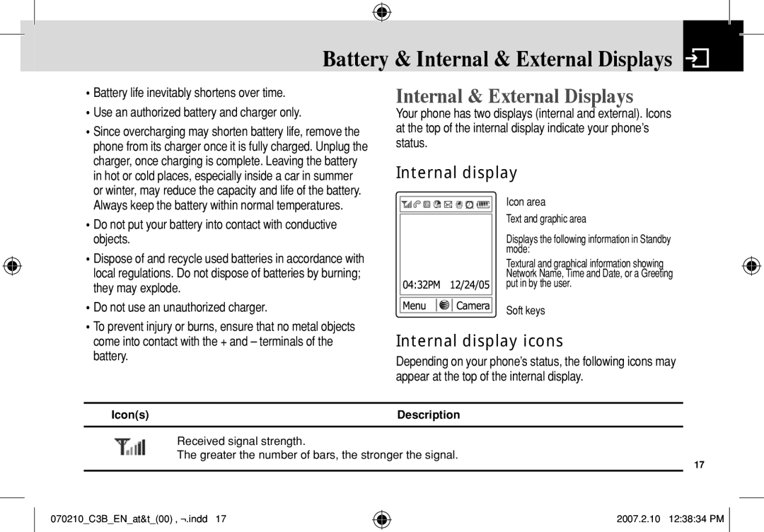 AT&T C3B manual Battery & Internal & External Displays, Internal display icons, Icons Description 