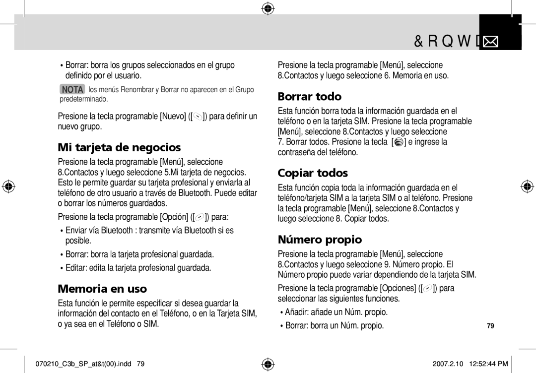 AT&T C3B manual Mi tarjeta de negocios, Memoria en uso, Borrar todo, Copiar todos, Número propio 