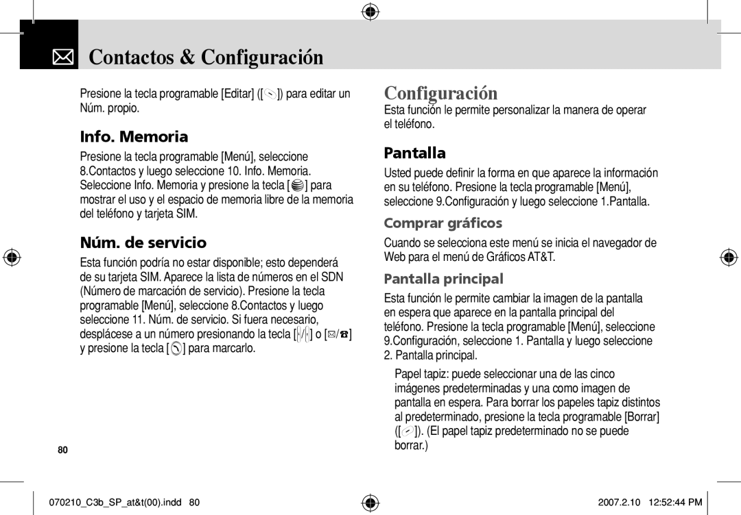 AT&T C3B manual Configuración, Núm. de servicio, Pantalla principal 