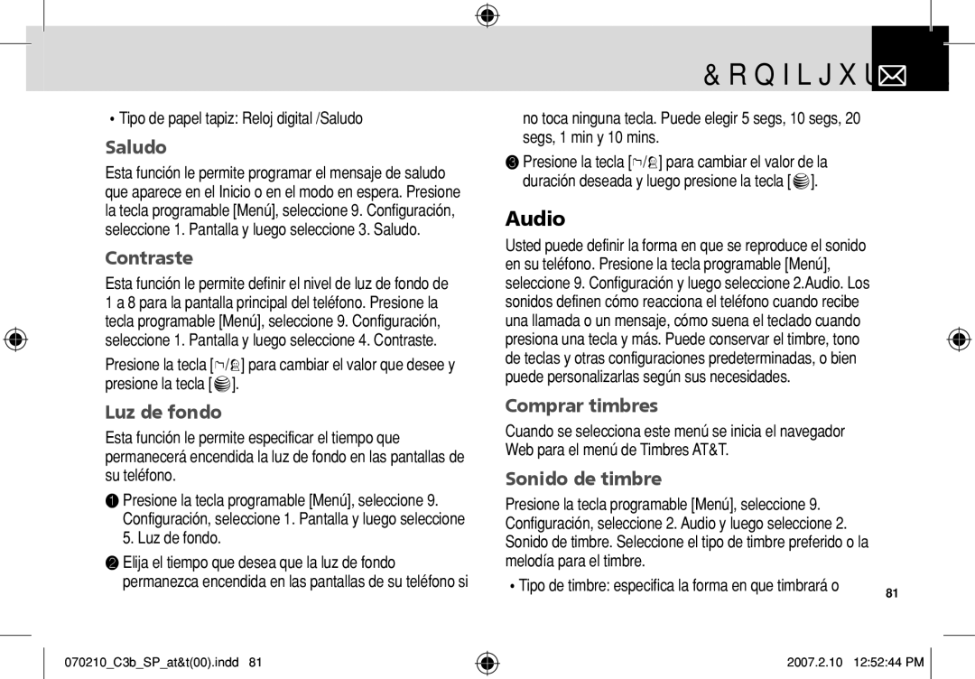 AT&T C3B manual Configuración, Saludo, Contraste, Luz de fondo, Sonido de timbre 