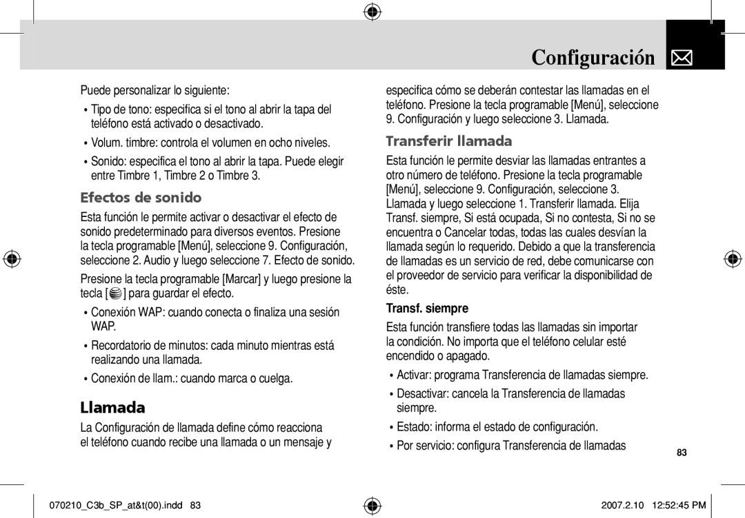 AT&T C3B manual Efectos de sonido, Transferir llamada, Configuración y luego seleccione 3. Llamada, Transf. siempre 