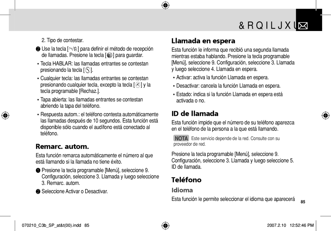 AT&T C3B manual Remarc. autom, Llamada en espera, ID de llamada, Teléfono, Idioma 