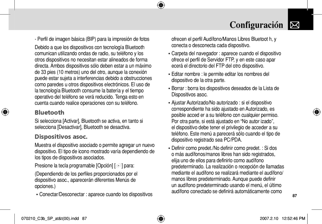 AT&T C3B manual Dispositivos asoc, Presione la tecla programable Opción para 