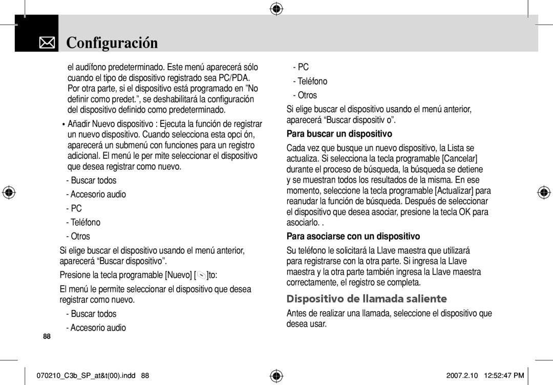 AT&T C3B manual Dispositivo de llamada saliente, Buscar todos Accesorio audio Teléfono Otros, Para buscar un dispositivo 