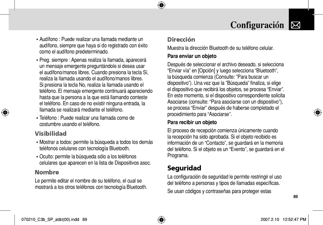 AT&T C3B manual Seguridad, Visibilidad, Nombre, Dirección 