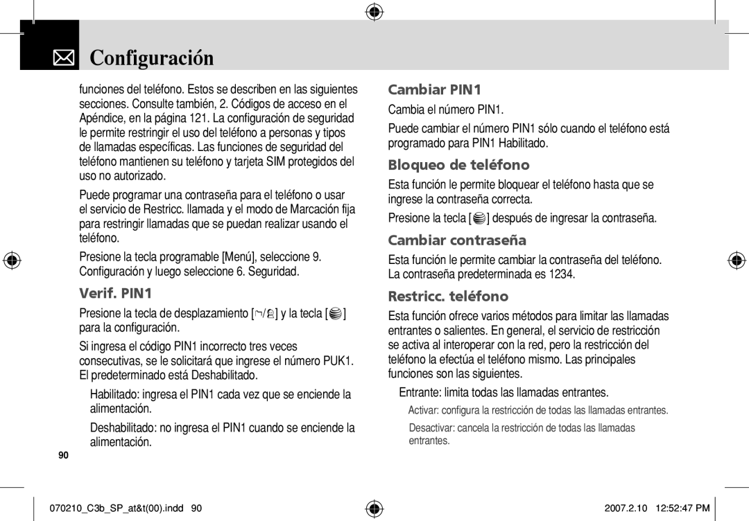 AT&T C3B manual Verif. PIN1, Cambiar PIN1, Bloqueo de teléfono, Cambiar contraseña, Restricc. teléfono 